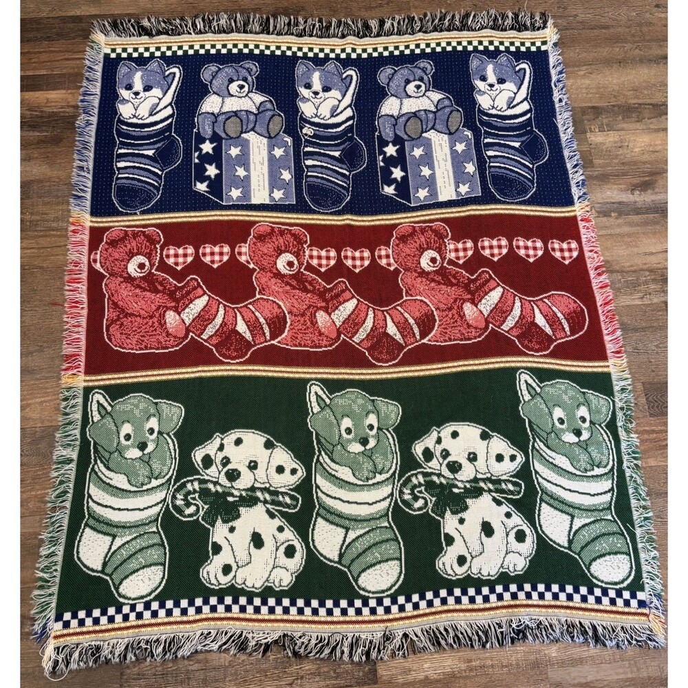VTG Christmas Woven Tapestry Throw Blanket Puppies Kittens Bears in Stockings